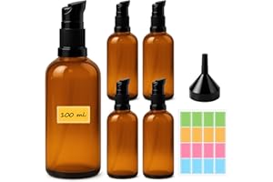Maxumille 100ml Leer Glasflaschen Braun mit Aufkleber Trichter, 5 Stück Bernsteinfarbene Glas-Lotion-Flaschen mit Pumpspender, Lotionspender Braunglas Flasche mit Pumpe für Ätherisches Öle Handcreme