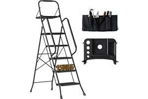 BONTEC Escabeau 5 Marches Pliable en Acier, Charge 150 kg, Marche Pied Antidérapant, Plateforme de Travail avec Plateau Outils, Escabeau avec Main Courante pour Cuisine Atelier Entrepôt, Noir