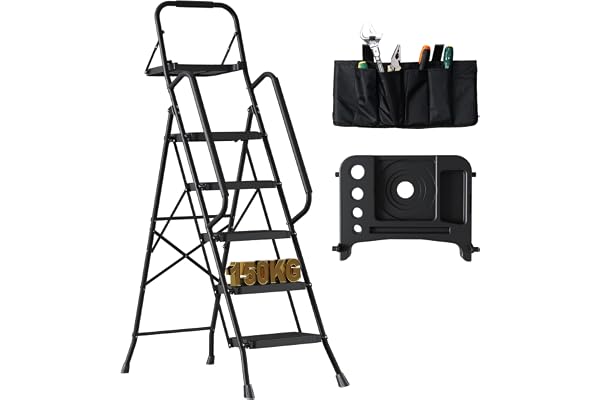 BONTEC Escabeau 5 Marches Pliable en Acier, Charge 150 kg, Marche Pied Antidérapant, Plateforme de Travail avec Plateau Outils, Escabeau avec Main Courante pour Cuisine Atelier Entrepôt, Noir