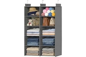 ALLTIDYUP Organizer Armadio da Appendere – Doppia Fila Pieghevole, Grande Capacità, con 12 Tasche e 3 Ganci, Salvaspazio per Vestiti, Cappelli e Scarpe (Grigio, 5 Ripiani)