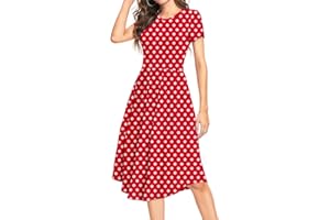 DEARCASE Vestito a Tunica a Maniche Corte da Donna Motivo a Pois Scollo Rotondo Vestito Midi per L'Estate Stile Scampanato Casual con Tasche