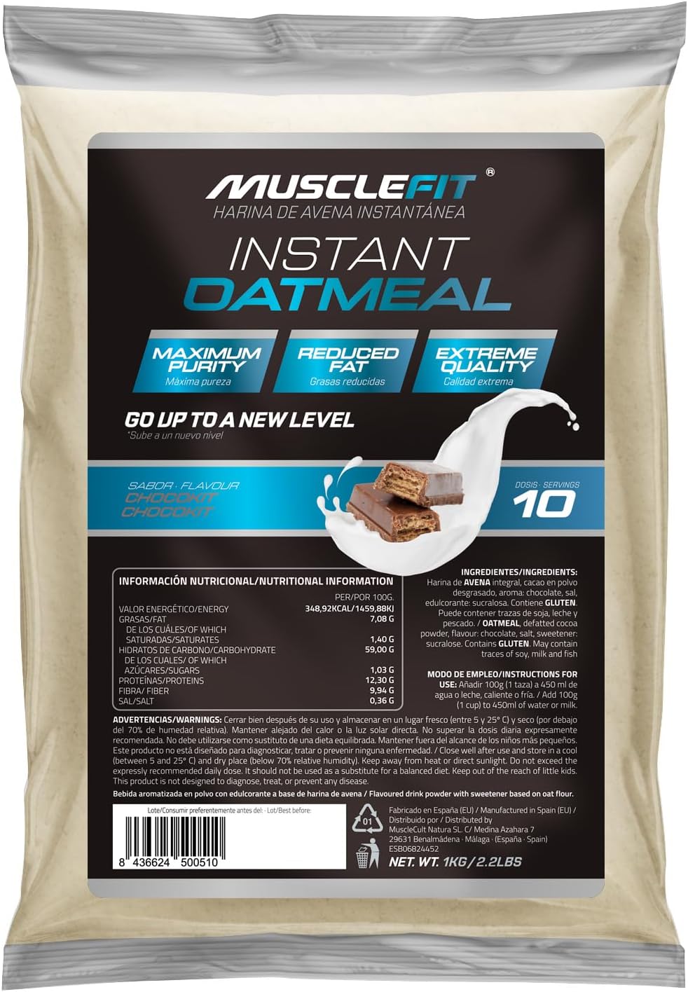 MuscleFit Harina de Avena Integral | 1kg de Avena Molida | Sabor ChocoKit | Oatmeal | Bajo en grasas