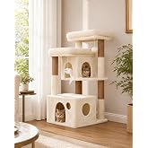 Heybly HCT205SMJ Cat Tree Scratching Post 88 cm with 2 Platforms, Beige | 2 caves, wide base, soft plush, sisal and mouse toy