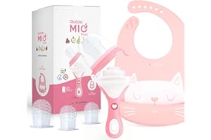 DAHEMA, Ciuccio Frutta Neonati con Bavaglino in Silicone Impermeabile, Succhietto Massaggiagengive per Dentizione. Ideale come Set Pappa Svezzamento. Massaggia Gengive (Rosa)