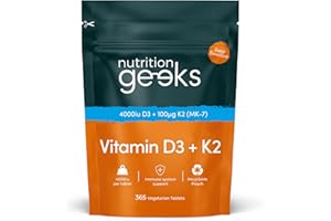 NUTRITION GEEKS Vitamin D3 4000 iu & Vitamin K2 MK7 100μg - 1 Year Supply, 365 Easy-Swallow Vitamin D3 K2 Tablets, 1-A-Day High Strength Vegetarian D3 and K2 Vitamin Supplements, UK Made Vitamin D Tablets