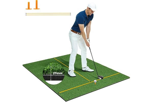 COSTWAY Tapis de Frappe de Golf, Tapis d'Entraînement de Golf avec 2 Positions de Tee et 2 Bâtons d'Alignement 6 Trous de Tee Pré-percés, pour Intérieure/Extérieure