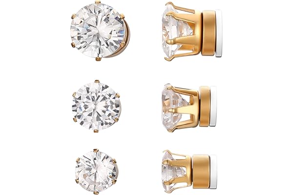 Flongo 6/7/8MM Boucles d’Oreilles Non Percées pour Femme Homme, 3 Paires Clips Sans Trou Magnétique Composés Zircon Brillant Charmant Couleur Argent Noir Or Fantaisie Cadeaux Anniversaire Noël