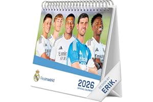 Grupo Erik Calendario Real Madrid sobremesa 2026 - Almanaque de mesa 2026 Con espacio para Anotar, Vista Mensual global, Ilustraciones y Base resistente (19,5 x 16,5cm)