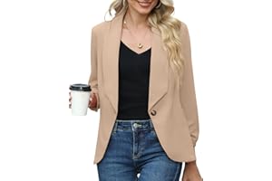 PrinStory Womens Blazer Suit Open Front Cardigan 3/4 Ruched Sleeve Casual Work Office Blazer Jacket for Ladies