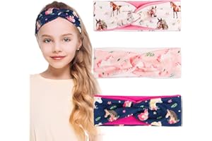 BOOMTOP 3pcs Stirnband Kinder Mädchen Dünn Haarband Pferde Mädchen Geschenk Elastisches Kopfband mit Knoten Pferdemuster Breite Haarreif Haarschmuck Kopfschmuck für Schule Sport Freizeit
