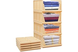 BOSSJOY Set of 4 Stackable Foldable Wardrobe Storage Box Organizer (Easy Open and Folding), Plastic Wardrobe Shelves Closet Organiser Box, Pull Out Like a Drawer, Suitable for Home, Bedroom, Kitchen