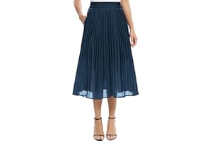 EXCHIC Femmes Décontractée Mousseline de Soie Élastique Taille A Ligne Plissé Midi Jupe avec Poche