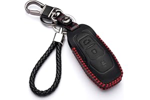 KASER Funda de Cuero para Llave Coche Ford Mondeo Ka Fiesta Focus Galaxy Mustang Kuga 3 Botones Carcasa Piel Cover de Mando y Control de Auto (Solamente Keyless GO)