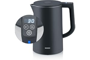 ‎SEVERIN SEVERIN Cool-Touch Wasserkocher, doppelwandiger Wasserkocher, farbige LED-Temperatur-Rückmeldung im Griff, mit Warmhaltefunktion und Abschaltautomatik, schwarz, 1,7 L Kapazität, 2.200 W, WK 3484