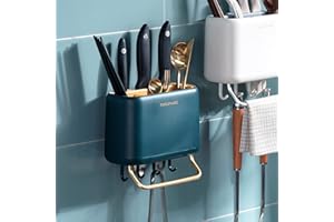 HANOBE Soporte Para Utensilios De Cocina Para Colgar En La Pared, Organizadores De Cocina Con Soporte Para Cuchillos, Soporte Para Cubiertos Sin Clavos Con Barra Para Colgar Y 4 Ganchos, Verde