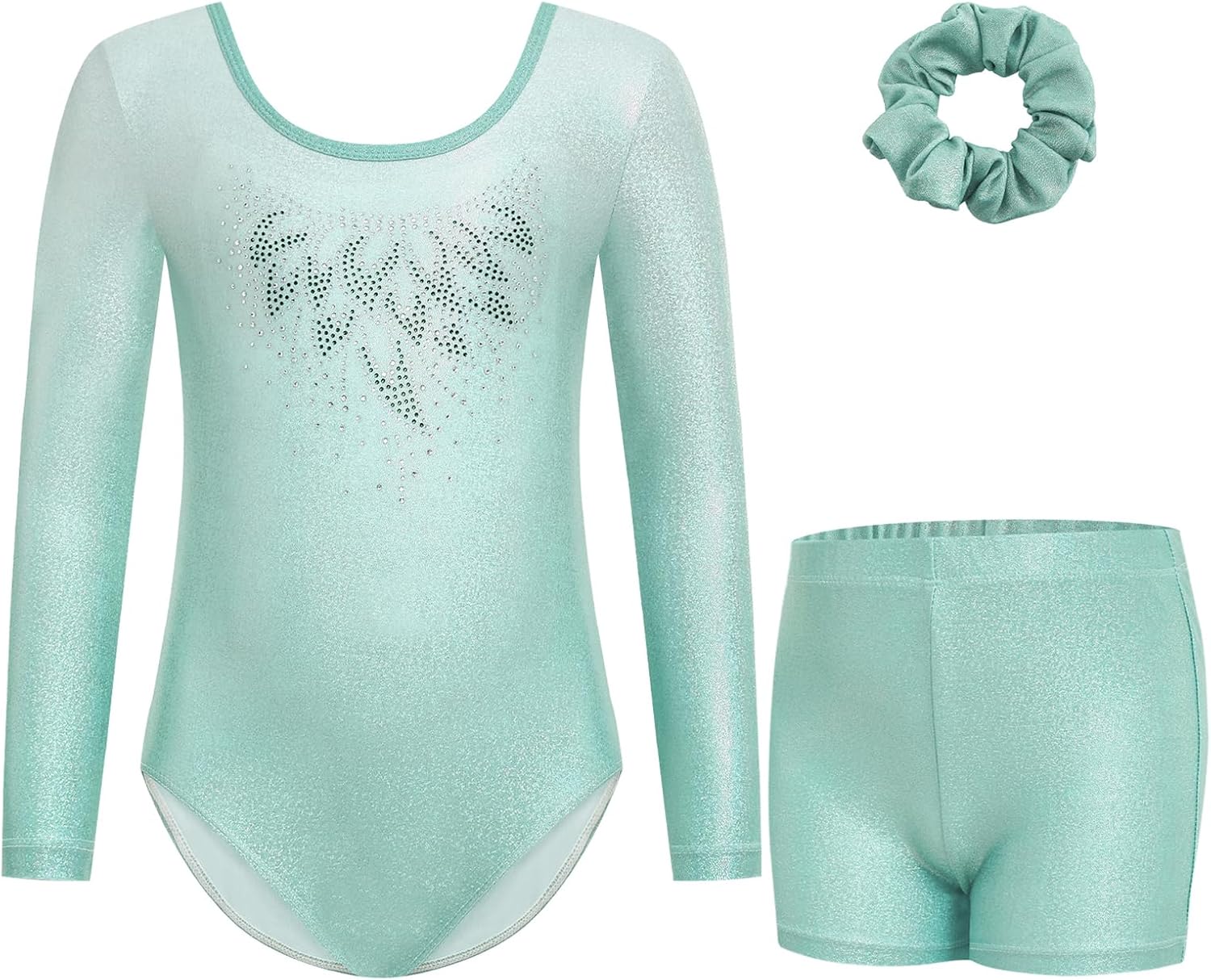 Gogokids Maillot de gimnasia de tres piezas para niña, de manga larga, con pantalones cortos y cinta para el pelo, ropa de gimnasia con diseño degradado para 3-12 años