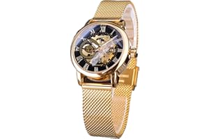 FORSINING Montre mécanique automatique pour femme - Cadran doré - Bracelet en maille en acier inoxydable - Chiffres romains - Montre à remontage automatique