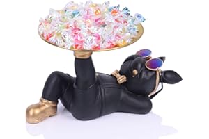 QIANLING Statua di bulldog francese nera, vassoio per caramelle e portachiavi, ideale per decorazioni moderne per casa, ufficio, ingresso, vassoio decorativo per soggiorno, tavolo da pranzo, camera da letto