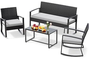 Xbro Trädgårdsmöbelset 4 delar med 2 gungfåtöljer, 2-sits soffa och soffbord i härdat glas, vattentålig polyrotting utomhusmöbler för terrass balkong uteplats