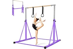 NO. 32 Foldable Gymnastics Bar, 105-155cm Height Adjustable Horizontal Bar, Training Bar for Kids Juniors, Safe & Sturdy Gym Equipment Ages 3-12, Play Bar with Easy Moving Wheels/Non-Slip Feet/Max Load 150kg