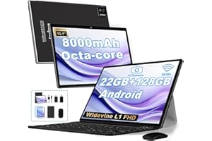 BIEGEDY Tablet Android Tablet 10 Pulgadas,22GB RAM + 128GB ROM (TF 2TB), 5G+2.4G Dual Band WiFi 6, Widevine L1 / 8000mAh / Octa-Core 2.0 GHz/GMS / 5MP+8MP / BT5.0 / GPS, con Teclado y Raton Negro