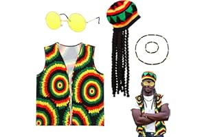 KYNDARA 5Pcs Reggae Costume Accessories, Jamaican Rasta Fancy Dress Set with Caribbean Vest Yellow Sunglasses Braided Dreadlocks Wig Hat Cap Bracelet for Women Men Party Masquerade Cosplay Halloween Carnival