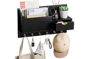 Restorgan Schlüsselablage, Wandhalterung mit 6 Haken und Aufbewahrungsschublade, Schlüsselbrett Holz, Wand Schlüsselhaken, Wandregal für Schlüsselanhänger Organizer, für Eingang Wohnzimmer Flur Büro