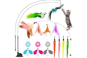 Yoirzit 16 Pezzi Giocattoli Interattivo con Piume per Gatti, Giochi Gatti Interattivi con Bacchetta Telescopica, Gioco di Piume Che Ispira l'Istinto dei Gatti, Gioco per Gatti con Base a Ventosa