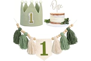 DANDUOLAI Wild One High Chair Banner For 1st Birthday Party Boy Decorations With Green Tassel Garland Crown Hat Cake Topper(Green)