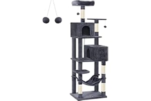 Feandrea Árbol para Gatos de 191 cm de Altura, Rascador para Gatos con 5 Postes, 2 Plataformas, 2 Cuevas, Hamaca, 2 Pompones, Felpa Multicapa, Gris Ahumado PCT191G01