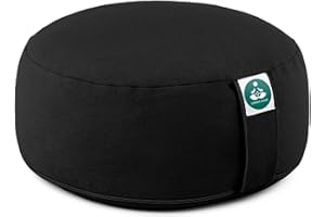 Present Mind Round Zafu Yoga Cushion (16 cm) - Deep Black - High/Meditation Cushion - EU Made - Washable Cover - 100% Natural