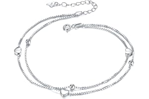 Lydreewam Amor Corazon Tobilleras Pulseras Plata de Ley 925 para Mujer Cadena de 2 Capas Verano Descalzo Playa, Ajustable 22+4cm