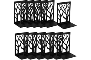 HAKZEON 12 PCS Black Heavy Duty Book Ends, 6 Pairs Decorative Tree Design Book Stopper Supports, Metal Bookends with Non-slip Pads for Shelves