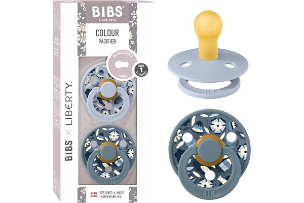 BIBS Colour Liberty Tétine. Lot de 2 sucettes. téterelle ronde en latex naturel, sans bisphénol A, Fabriqué au Danemark, Taille 1 (0-6 mois), Bobo Dusty Blue Mix