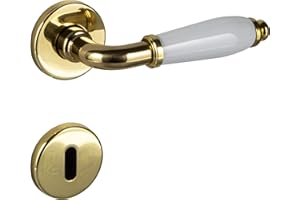 JUVA Set di Maniglie a Leva | MARINA 108 | 1 Set - con viti | Ottone - Porcellana Bianca Fermaporta Oro Maniglia | Maniglia a leva Antica Vintage Porte interne | Maniglia per porta BB - Buntbart