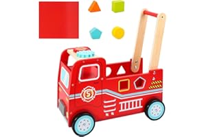 SOKA PLAY IMAGINE LEARN SOKA Wooden Fire Engine Rider and Push Along Toy with Shape Blocks Baby Toddler First Step Activity Walker Push & Pull Walking Wagon Gift for Kids Children Boys Ages 1 year old +