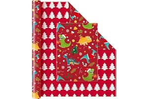 WERNNSAI Dinosaur Christmas Wrapping Paper - 1 Roll 17" x 33 ft Red Reversible Tree Wrap for Kids Boys Xmas Gift Decoration Holiday Favor