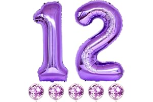 LINGQIANG Purple Birthday Balloon Numbers 12, 40 Inch Big Foil Mylar Number 1 and 2 Balloons with Purple Confetti Latex Helium Balloons for Girls Women 12th 21st Birthday Anniversary Party Decorations Supplies