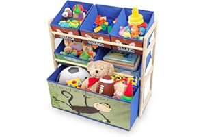 EJOYOUS Wooden Shelf Storage Rack Organizer, 3 Tier 6 Non-woven Fabric Boxes Children Toys Books Storage Shelf Stand, Cute Children Storage Unit Shelf Rack, Fabric Boxes Solid Pine Wood Organising Stand Blue