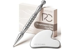 ‎RENA CHRIS Rena Chris Pióro Gua Sha i do akupunktury ze stali nierdzewnej, ręczne narzędzia do refleksologii do napięcia mięśni i łagodzenia bólu, długopis do akupresury i zestaw Gua Sha z wykresem