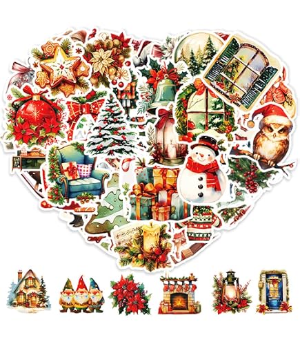Autocollants De Noël Vintage - Lot De 36 - Pour Scrapbooking, Déco Ordinateur, Tasse, Cadeau - Papier Couché 4.7 Cm