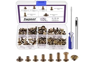 Swpeet 152 pièces m5x5mm, 6mm, 8mm, 10mm, 12mm bronze vis rivets en cuir avec poinçon et tournevis rond tête plate goujons à double tête pour bricolage cuir artisanat