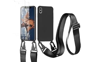 vrupin kompatibel mit iPhone X/XS Handykette Hülle,[2 Stück Schutzfolie 9H Härte Gehärtete Folie].Necklace Hülle Nylon Schultergurt Weich Flüssiges Silikon-schwarz