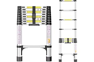 SIMPDIY Telescopic Ladder, 2.6M Stainless Steel Thickened High-Strength Loft Ladder, Portable Ladders Extendable with Non-Slip Feet Adjustable Height for Roof Attic Caravans