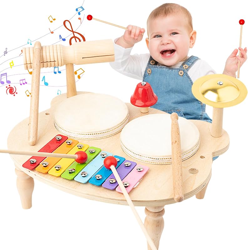 UCAMP Tambor Juguetes Musicales,Instrumentos Musicales de Madera para niños,Instrumentos Musicales Infantiles Bebe,10 IN 1 Juguetes de Madera Instrumentos Musicales Infantiles Regalo Niño 2 3 4 5 Años