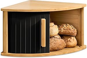 Praknu Panera de Esquina de Madera con Puerta Deslizante – Ahorra Espacio – Conserva el Pan Fresco por Más Tiempo – Montaje Sencillo con Guía (Negro)
