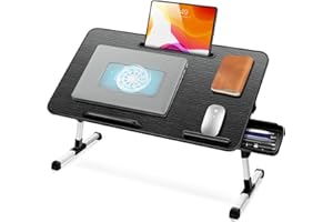 ICARE Tavolino da Letto, Regolabile in Altezza und Angolo, Scrivania da Letto con Ventola PC, Supporto per Tablet, Cassettiera, Tavolo per Letto, Divano, Pavimento (60 x 34 cm, Nero)