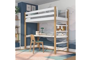N-wood N01 Letto a Soppalco con Scrivania 80x190 cm, 100% Legno massello, Lettino per bambini e adulti, Scala universale: destra o sinistra, Struttura inclusa, Bordi arrotondati, Quercia bianca