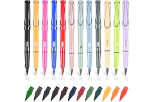 Qooloo Metall Tintenlose Bleistifte, 12 Stück Bunte Ewige Bleistifte mit 12 Bunte Ersatzköpfe, Bleistifte mit Radiergummi, Kein Tintenstift, Unendlicher Bleistift, Everlasting Pencil, Metal Pencil
