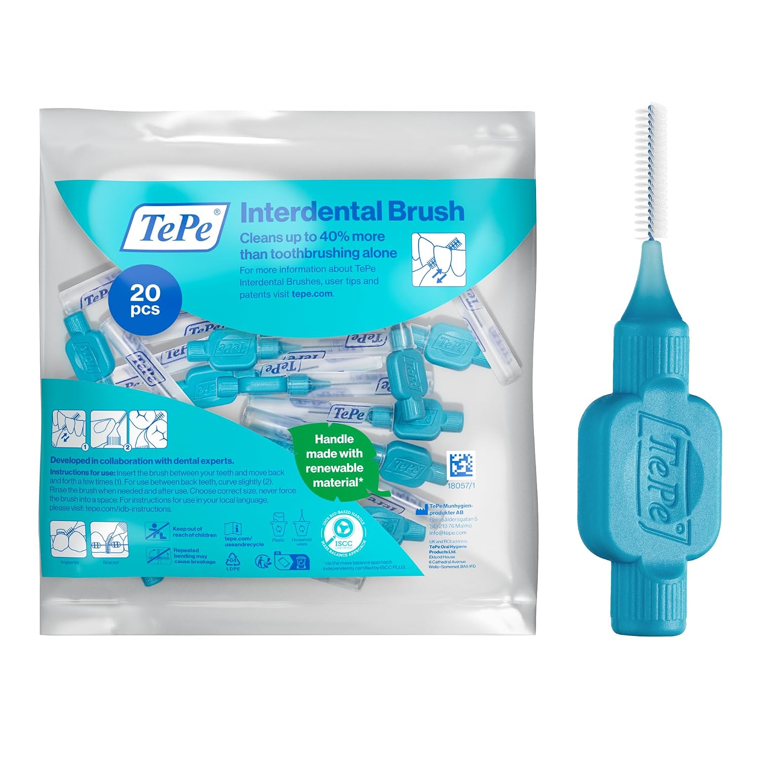 TePe Interdentale rager, Original, Blauw, 0.6mm/ISO 3, 20st, tandplakverwijdering, efficiënte reiniging tussen tanden en kiezen, tandfloss, voor smalle ruimtes. | Plakverwijdering, effectieve interdentale reiniging, interdentale borstel voor krappe ruimtes
